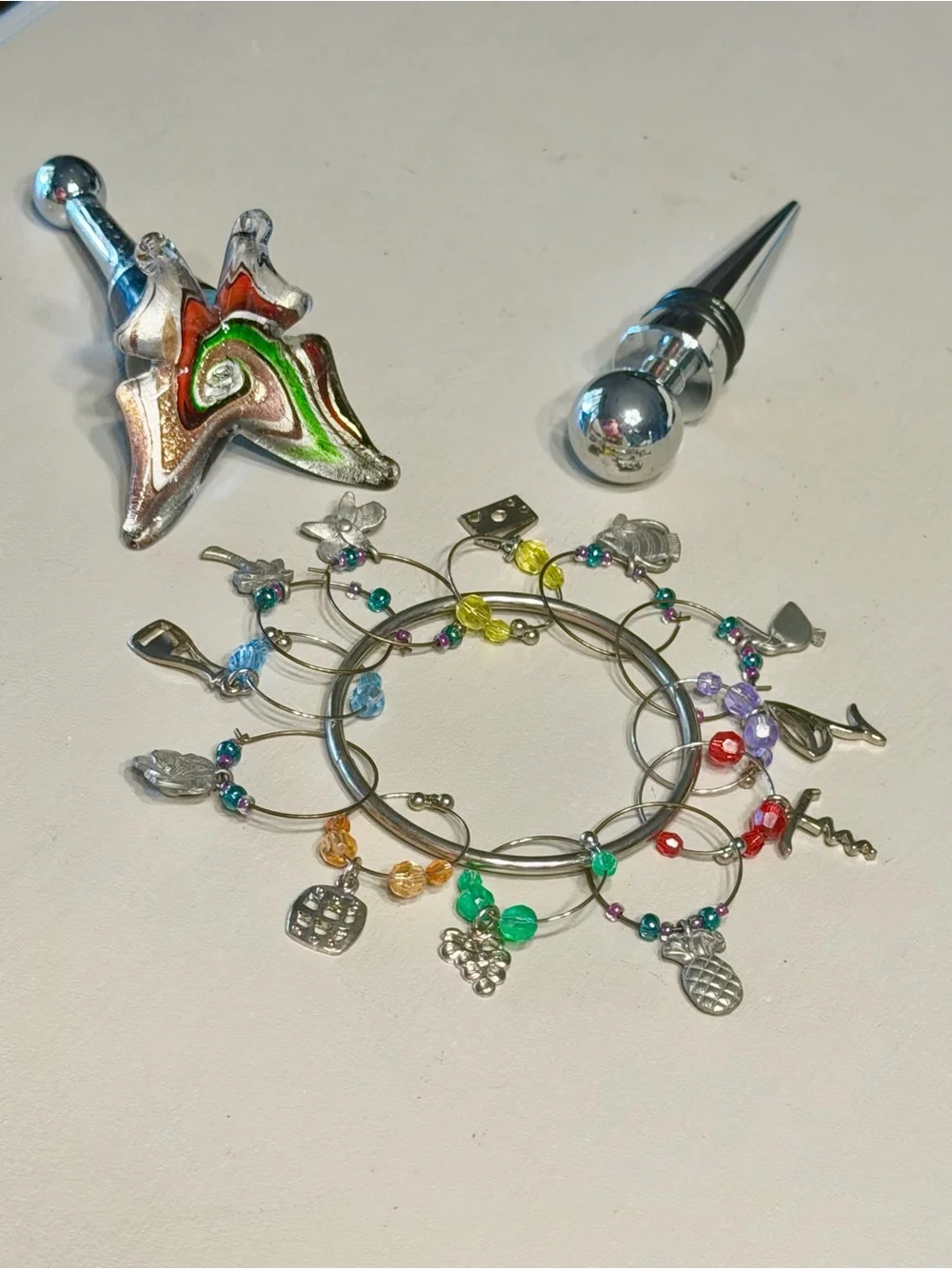 Vintage Wine Glass Charms Set with Multicolor Beads & 2 Wine Bottle Toppers